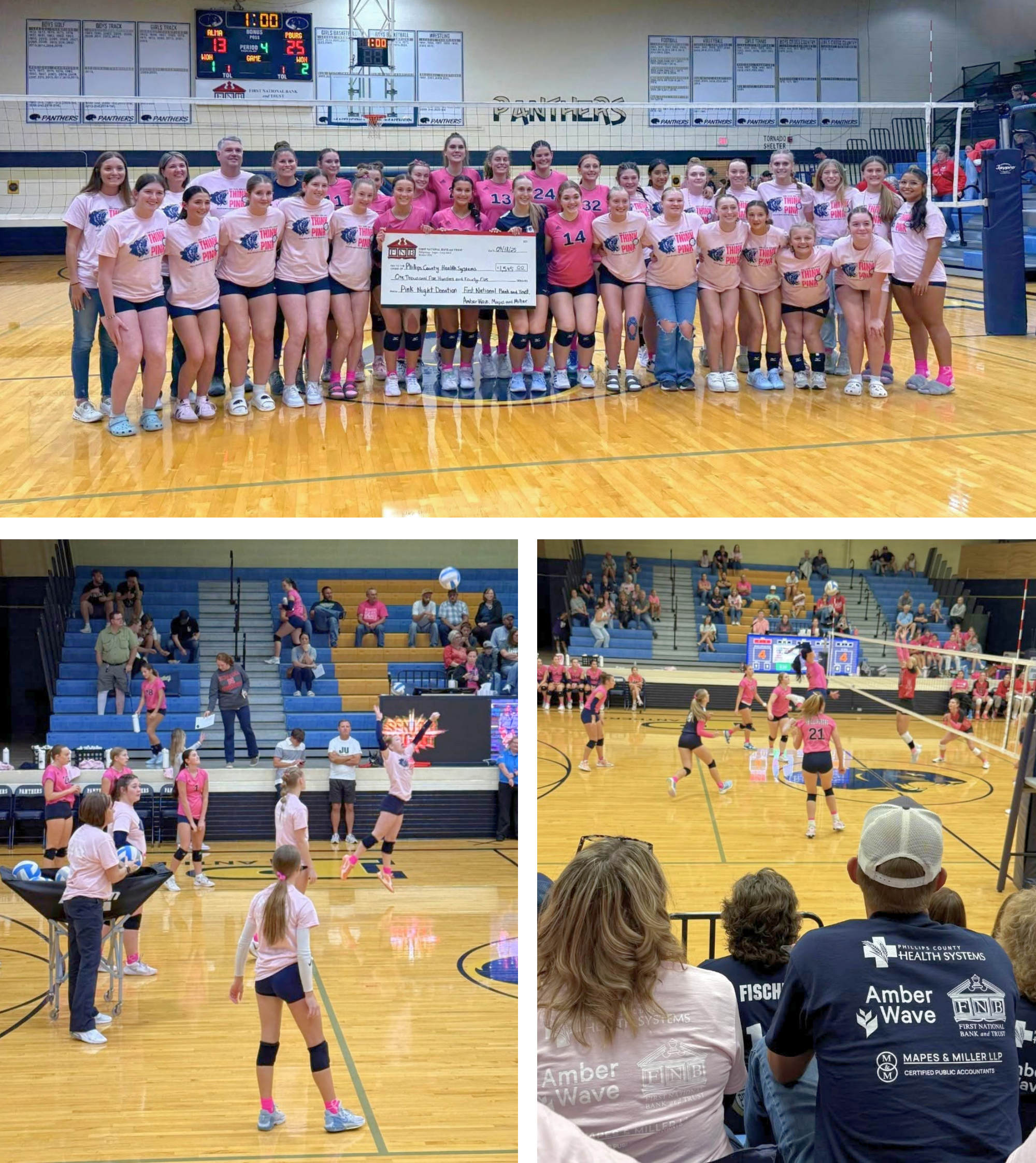 Phillipsburg High School Volleyball Wear Pink Kill Breast Cancer sponsored by Amber Wave, First National Bank, and Mapes & Miller